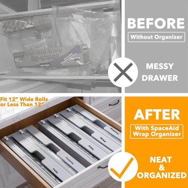 SpaceAid WrapNeat 3 in 1 Wrap Organizer with Cutter and Labels, Plastic Wrap, Aluminum Foil and Wax Bamboo Dispenser for Kitchen Storage Organization Holder for 12" Roll (Natural) - Image 3