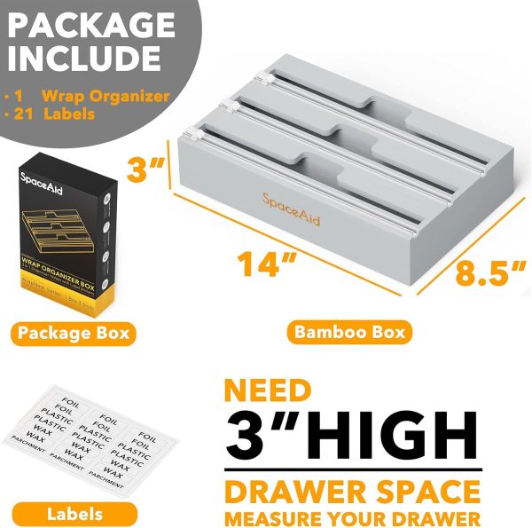 SpaceAid WrapNeat 3 in 1 Wrap Organizer with Cutter and Labels, Plastic Wrap, Aluminum Foil and Wax Bamboo Dispenser for Kitchen Storage Organization Holder for 12" Roll (Natural) - Image 4