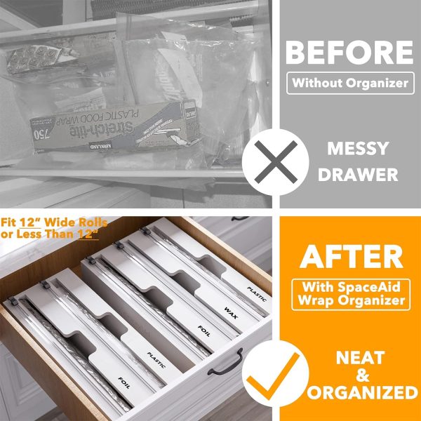 SpaceAid WrapNeat 3 in 1 Wrap Organizer with Cutter and Labels, Plastic Wrap, Aluminum Foil and Wax Bamboo Dispenser for Kitchen Storage Organization Holder for 12" Roll (Natural) - Image 8