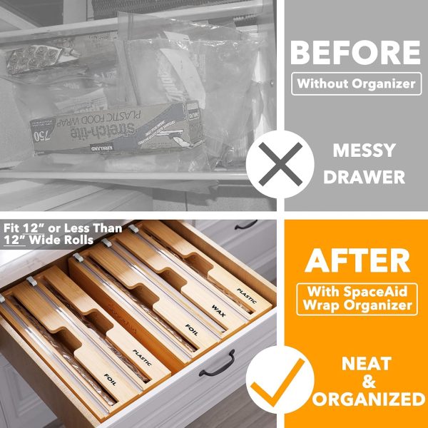 SpaceAid WrapNeat 3 in 1 Wrap Organizer with Cutter and Labels, Plastic Wrap, Aluminum Foil and Wax Bamboo Dispenser for Kitchen Storage Organization Holder for 12" Roll (Natural) - Image 13