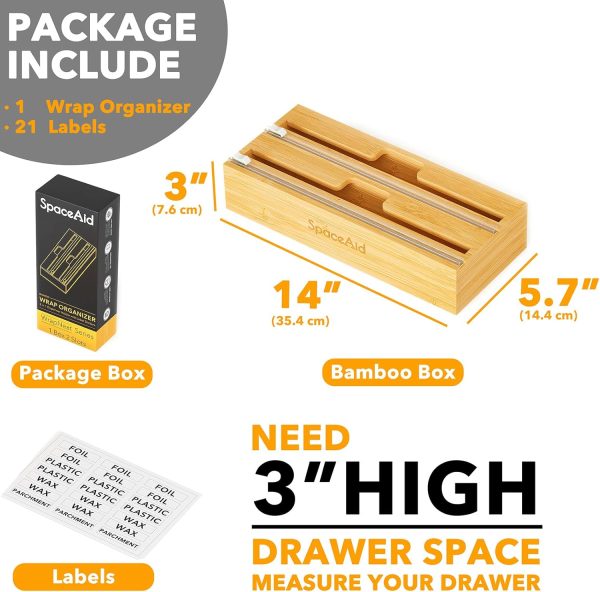 SpaceAid WrapNeat 3 in 1 Wrap Organizer with Cutter and Labels, Plastic Wrap, Aluminum Foil and Wax Bamboo Dispenser for Kitchen Storage Organization Holder for 12" Roll (Natural) - Image 14