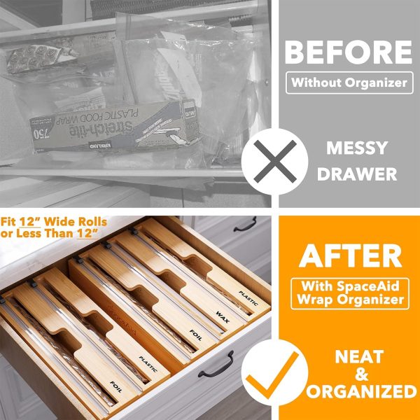 SpaceAid WrapNeat 3 in 1 Wrap Organizer with Cutter and Labels, Plastic Wrap, Aluminum Foil and Wax Bamboo Dispenser for Kitchen Storage Organization Holder for 12" Roll (Natural) - Image 23
