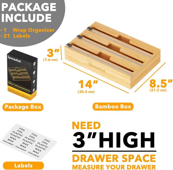 SpaceAid WrapNeat 3 in 1 Wrap Organizer with Cutter and Labels, Plastic Wrap, Aluminum Foil and Wax Bamboo Dispenser for Kitchen Storage Organization Holder for 12" Roll (Natural) - Image 27