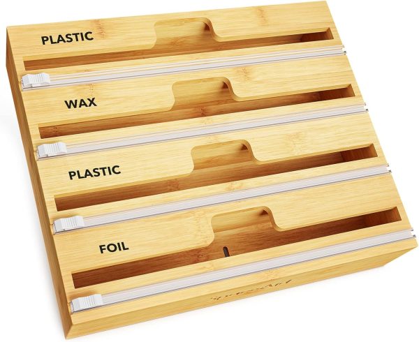 SpaceAid WrapNeat 3 in 1 Wrap Organizer with Cutter and Labels, Plastic Wrap, Aluminum Foil and Wax Bamboo Dispenser for Kitchen Storage Organization Holder for 12" Roll (Natural) - Image 29