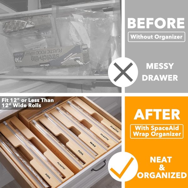 SpaceAid WrapNeat 3 in 1 Wrap Organizer with Cutter and Labels, Plastic Wrap, Aluminum Foil and Wax Bamboo Dispenser for Kitchen Storage Organization Holder for 12" Roll (Natural) - Image 30