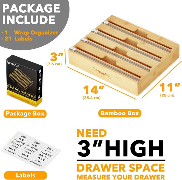 SpaceAid WrapNeat 3 in 1 Wrap Organizer with Cutter and Labels, Plastic Wrap, Aluminum Foil and Wax Bamboo Dispenser for Kitchen Storage Organization Holder for 12" Roll (Natural) - Image 31