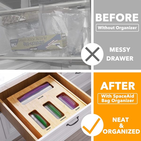 SpaceAid Bag Storage Organizer for Kitchen Drawer, Bamboo Organizer, Compatible with Gallon, Quart, Sandwich and Snack Variety Size Bag (1 Box 4 Slots) - Image 7