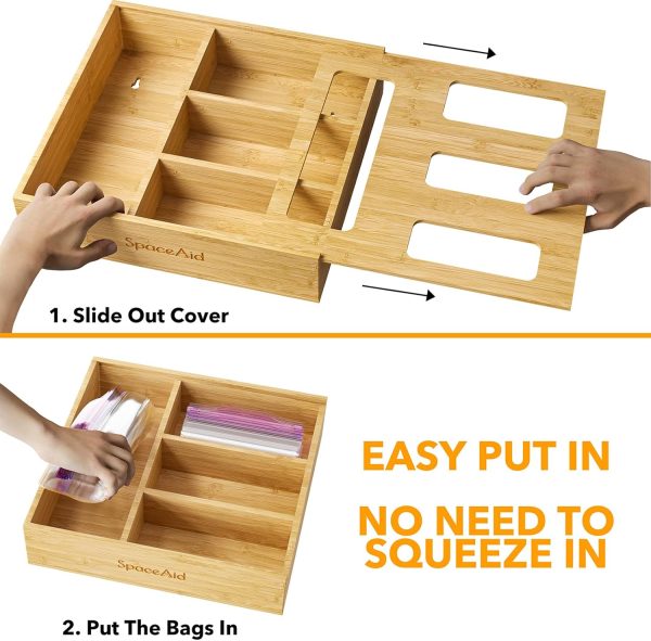 SpaceAid Bag Storage Organizer for Kitchen Drawer, Bamboo Organizer, Compatible with Gallon, Quart, Sandwich and Snack Variety Size Bag (1 Box 4 Slots) - Image 9