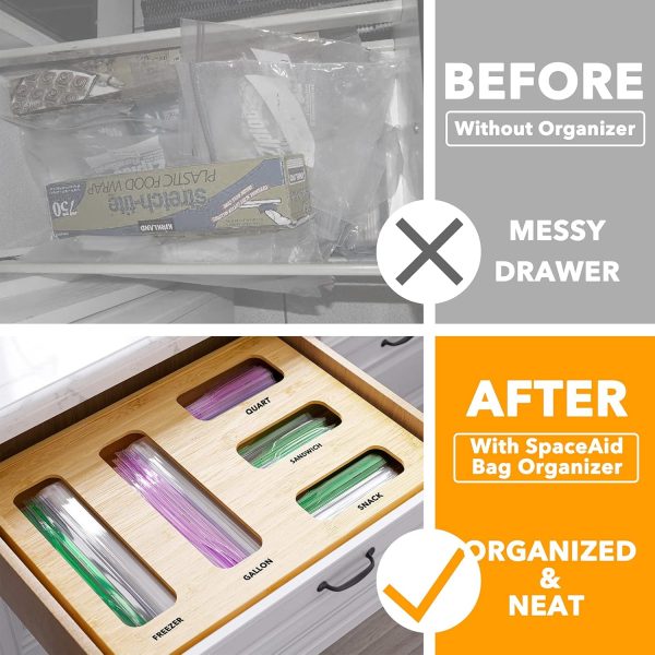 SpaceAid Bag Storage Organizer for Kitchen Drawer, Bamboo Organizer, Compatible with Gallon, Quart, Sandwich and Snack Variety Size Bag (1 Box 4 Slots) - Image 23