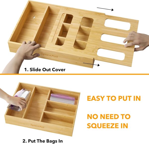 SpaceAid Bag Storage Organizer for Kitchen Drawer, Bamboo Organizer, Compatible with Gallon, Quart, Sandwich and Snack Variety Size Bag (1 Box 4 Slots) - Image 26