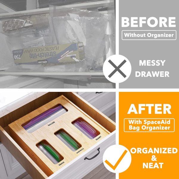 SpaceAid Bag Storage Organizer for Kitchen Drawer, Bamboo Organizer, Compatible with Gallon, Quart, Sandwich and Snack Variety Size Bag (1 Box 4 Slots) - Image 29
