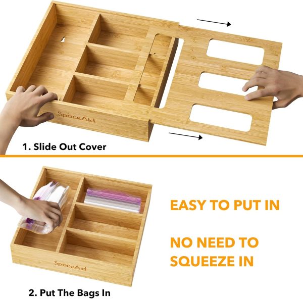 SpaceAid Bag Storage Organizer for Kitchen Drawer, Bamboo Organizer, Compatible with Gallon, Quart, Sandwich and Snack Variety Size Bag (1 Box 4 Slots) - Image 32
