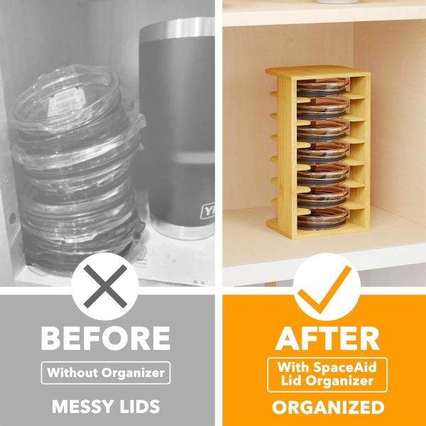 SpaceAid Bamboo Tumbler Lid Organizer for Kitchen Cabinet, Water Bottle Lid Organizer for Cabinet Organization, Cup Mini Lids Organizers Storage Holder for Cupboard Coffee (7-Tier) - Image 2