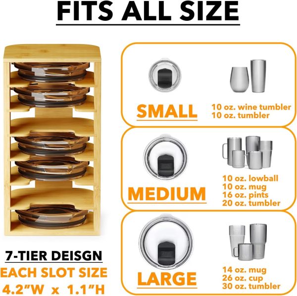 SpaceAid Bamboo Tumbler Lid Organizer for Kitchen Cabinet, Water Bottle Lid Organizer for Cabinet Organization, Cup Mini Lids Organizers Storage Holder for Cupboard Coffee (7-Tier) - Image 4