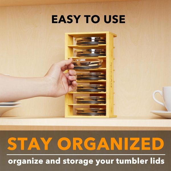 SpaceAid Bamboo Tumbler Lid Organizer for Kitchen Cabinet, Water Bottle Lid Organizer for Cabinet Organization, Cup Mini Lids Organizers Storage Holder for Cupboard Coffee (7-Tier) - Image 5