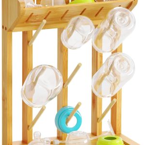 SpaceAid Bamboo Baby Bottle Drying Rack, Space Saving Kitchen Bottles Holder Organizer for Baby Bottle Rack Dryer Storage Accessories (Natural, 9 Bottles)