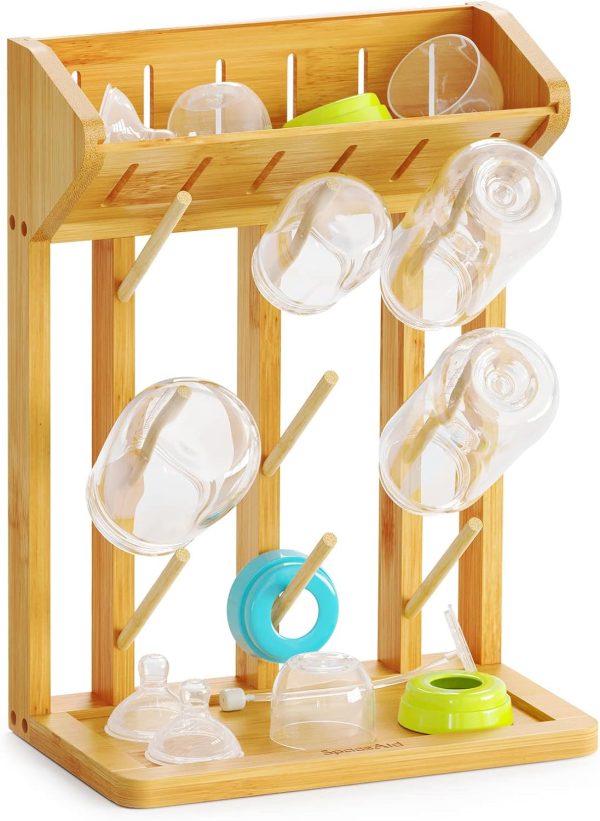 SpaceAid Bamboo Baby Bottle Drying Rack, Space Saving Kitchen Bottles Holder Organizer for Baby Bottle Rack Dryer Storage Accessories (Natural, 9 Bottles)