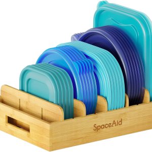 SpaceAid Bamboo Lid Organizer, Kitchen Pantry Lids Holder with 5 Adjustable Dividers for Cabinets, Food Storage Container Organizers, Natural