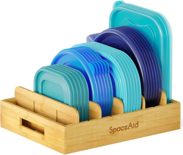 SpaceAid Bamboo Lid Organizer, Kitchen Pantry Lids Holder with 5 Adjustable Dividers for Cabinets, Food Storage Container Organizers, Natural