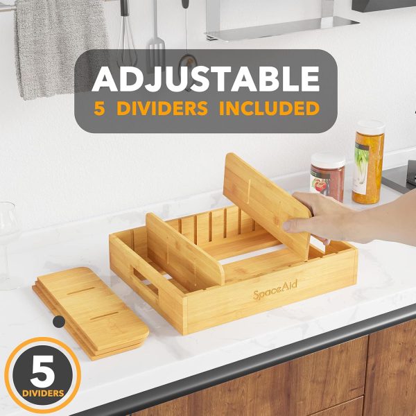 SpaceAid Bamboo Lid Organizer, Kitchen Pantry Lids Holder with 5 Adjustable Dividers for Cabinets, Food Storage Container Organizers, Natural - Image 6