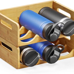 SpaceAid Bamboo Water Bottle Organizer with Labels for Kitchen and Pantry, Storage Rack for Cabinets, Home Cup and Wine Bottle Holder Shelf Organizers, 2 Pack 3-Slot, Hold 6 Bottles