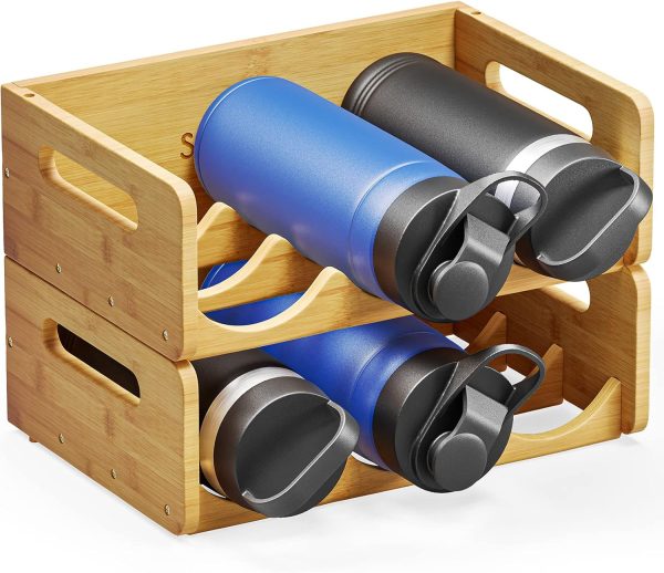 SpaceAid Bamboo Water Bottle Organizer with Labels for Kitchen and Pantry, Storage Rack for Cabinets, Home Cup and Wine Bottle Holder Shelf Organizers, 2 Pack 3-Slot, Hold 6 Bottles