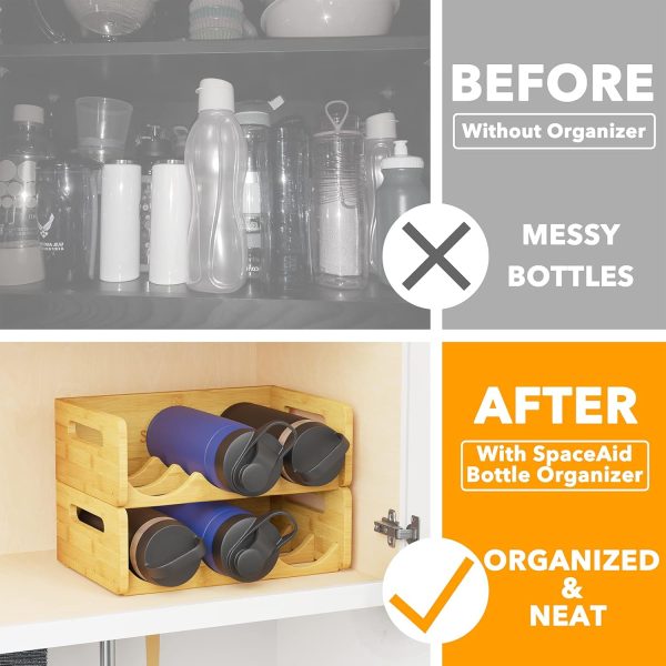 SpaceAid Bamboo Water Bottle Organizer with Labels for Kitchen and Pantry, Storage Rack for Cabinets, Home Cup and Wine Bottle Holder Shelf Organizers, 2 Pack 3-Slot, Hold 6 Bottles - Image 2