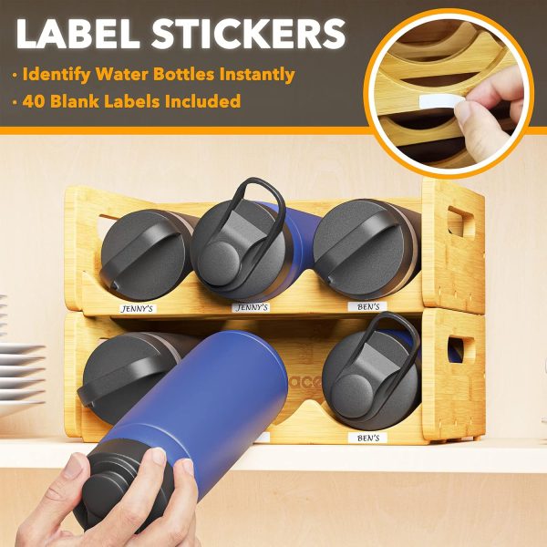 SpaceAid Bamboo Water Bottle Organizer with Labels for Kitchen and Pantry, Storage Rack for Cabinets, Home Cup and Wine Bottle Holder Shelf Organizers, 2 Pack 3-Slot, Hold 6 Bottles - Image 4