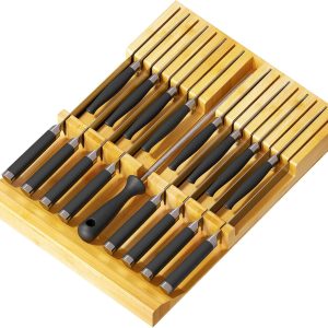 SpaceAid Bamboo Knife Drawer Organizer Insert, Kitchen Steak Knives Holder Organizers Block for Drawer Storage Organization (16 Knife Slots and 1 Sharpener Slot)