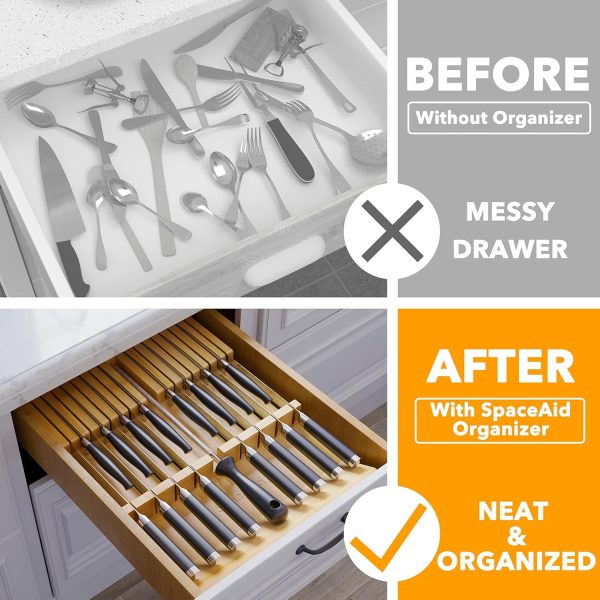 SpaceAid Bamboo Knife Drawer Organizer Insert, Kitchen Steak Knives Holder Organizers Block for Drawer Storage Organization (16 Knife Slots and 1 Sharpener Slot) - Image 2