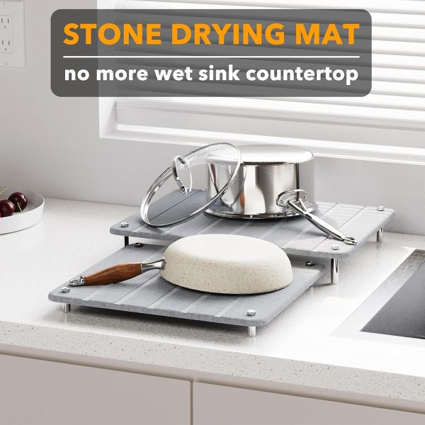 SpaceAid 2 Pack Stone Dish Drying Mats for Kitchen Counter, Expandable Absorbent Rack Dish Pad, Quick Dry Diatomaceous Earth Dishes Mat Tray, Absorbing Sink Stone Mat Board (Gray) - Image 3