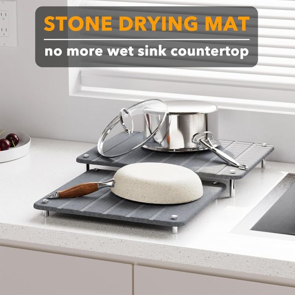 SpaceAid 2 Pack Stone Dish Drying Mats for Kitchen Counter, Expandable Absorbent Rack Dish Pad, Quick Dry Diatomaceous Earth Dishes Mat Tray, Absorbing Sink Stone Mat Board (Gray) - Image 9