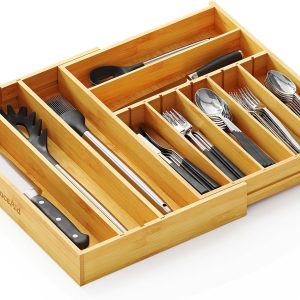 SpaceAid 2.5" High Bamboo Silverware Drawer Organizer with Labels, Kitchen Utensil Expandable Tray Holder for Flatware, Cutlery, Spoon and Knives Drawer Storage Organization (Natural)